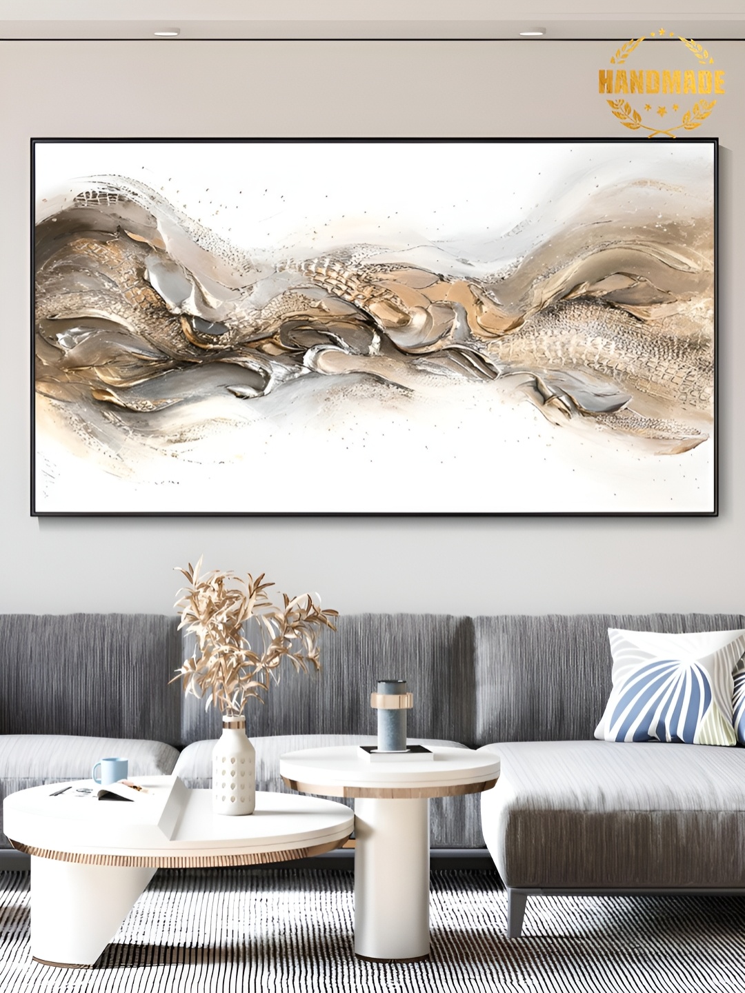 

THE HANDMADE FLAIR White & Brown Canvas Abstract Paintings Wall Art