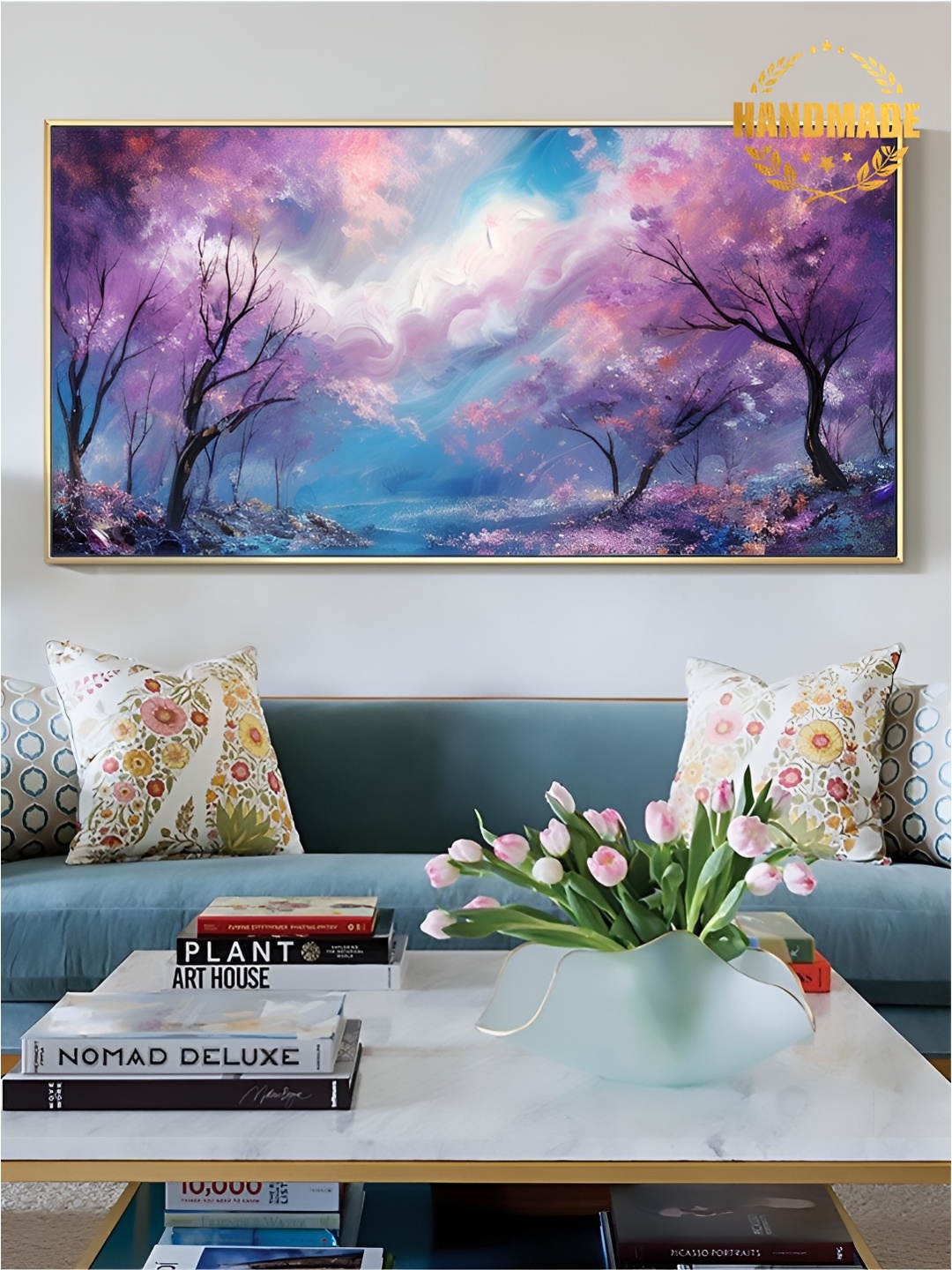

THE HANDMADE FLAIR Blue & Purple Floral and Botanical Wooden Painting Wall Art