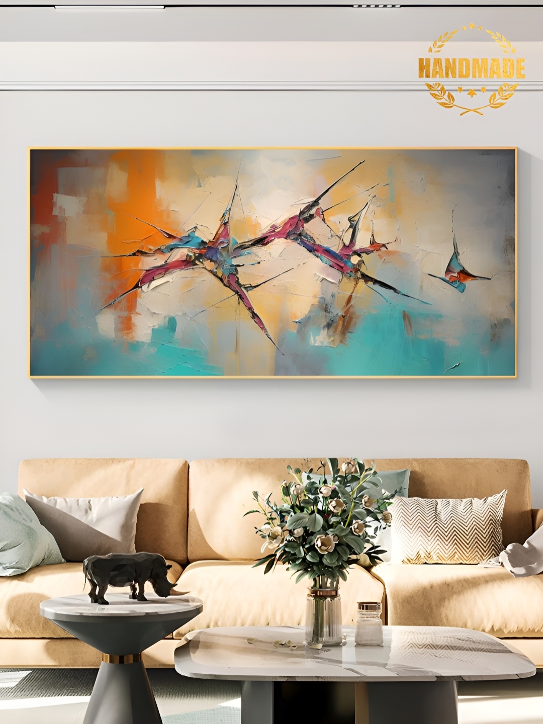 

THE HANDMADE FLAIR Yellow & Blue Abstract Wooden Painting Wall Art