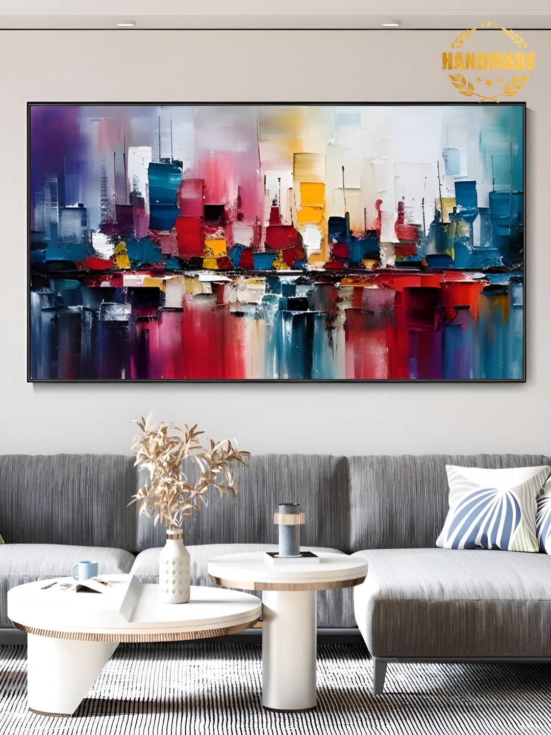 

THE HANDMADE FLAIR White & Red Abstract Wooden Painting Wall Art