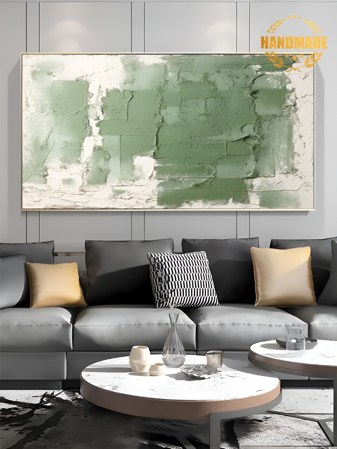 

THE HANDMADE FLAIR White & Green Abstract Wooden Painting Wall Art