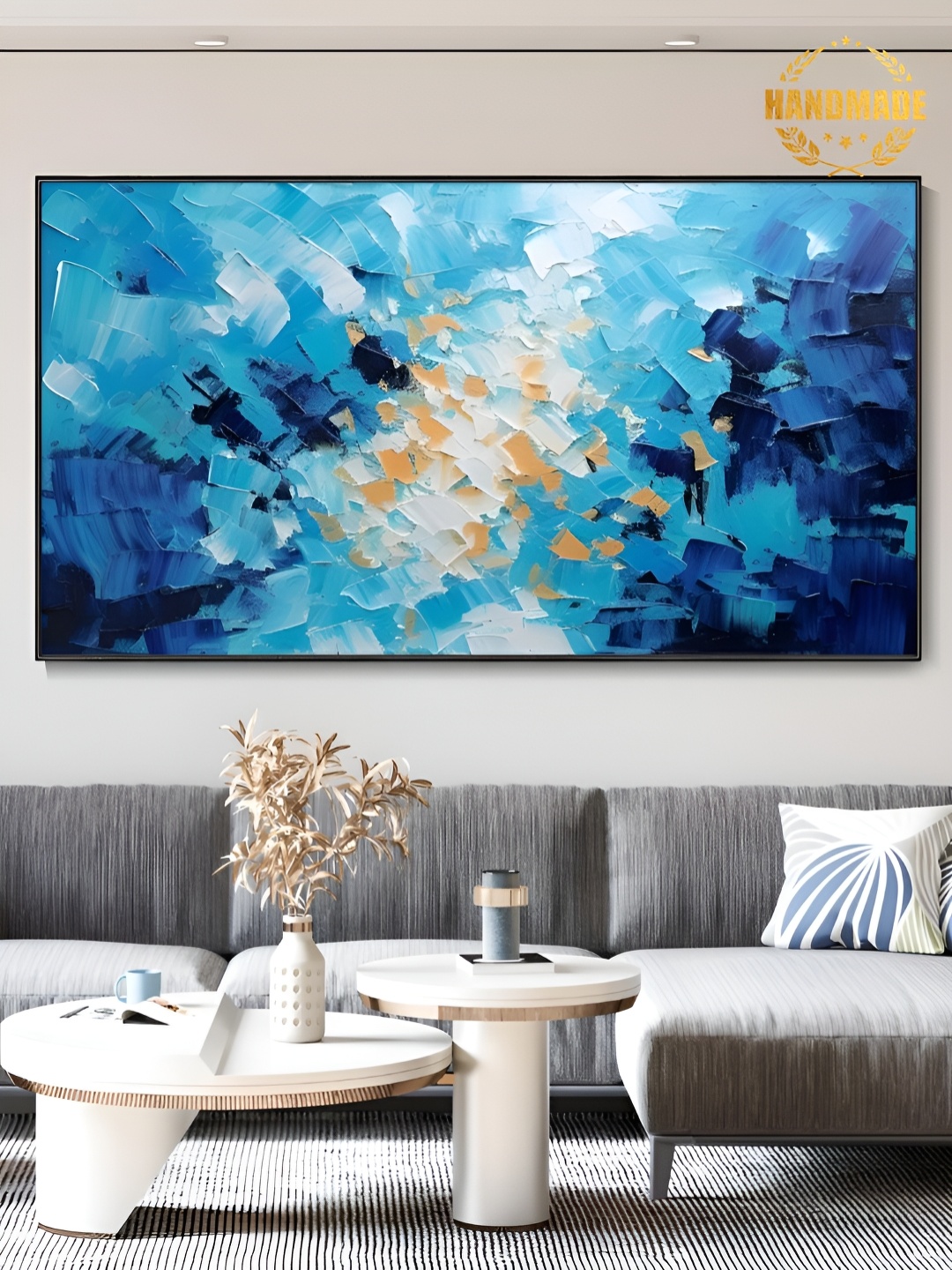 

THE HANDMADE FLAIR Blue & White Abstract Ocean Texture Painting Wall Art
