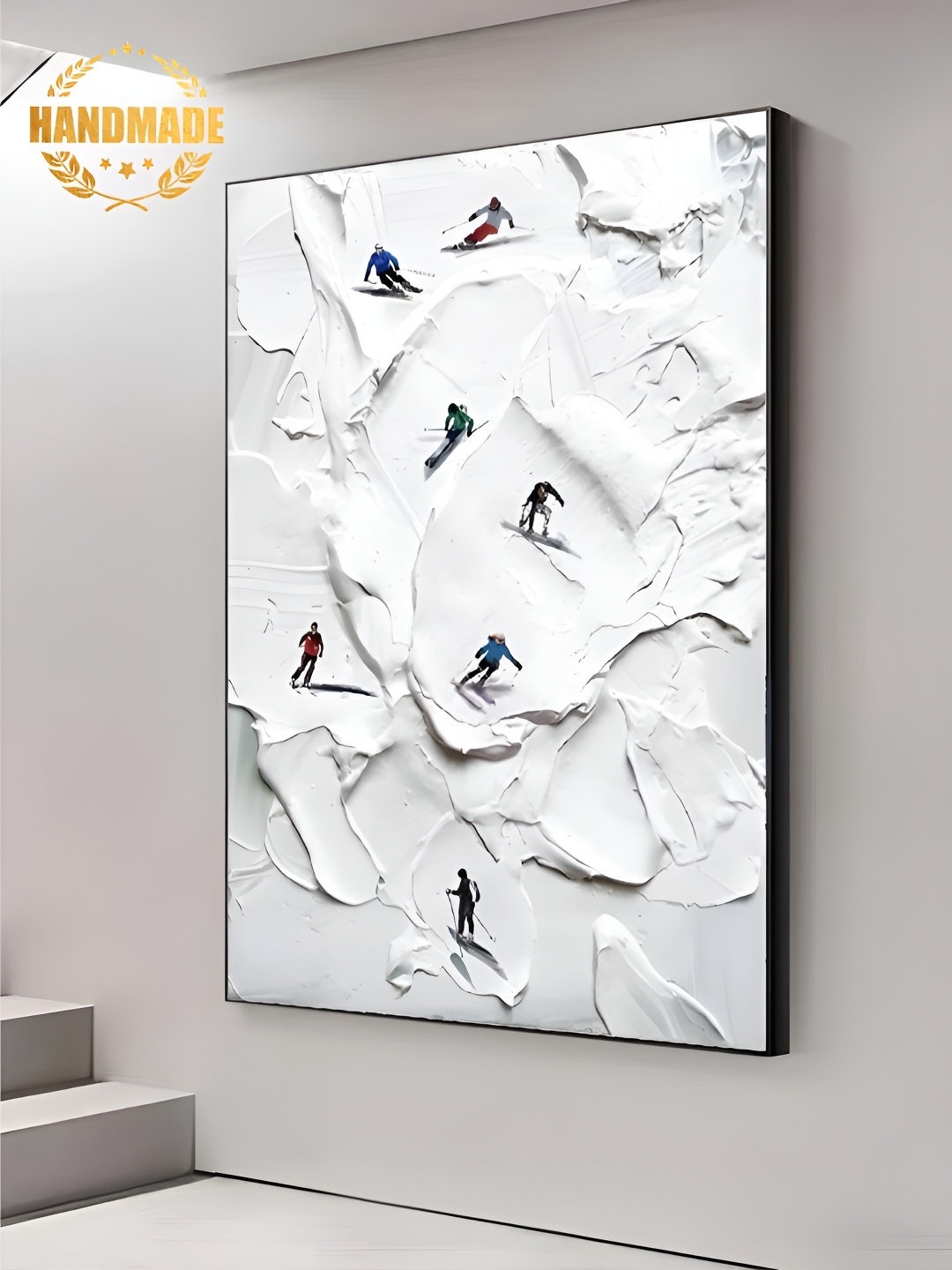 

THE HANDMADE FLAIR White & Blue Skier On Snowy Mountain Painting Wall Art