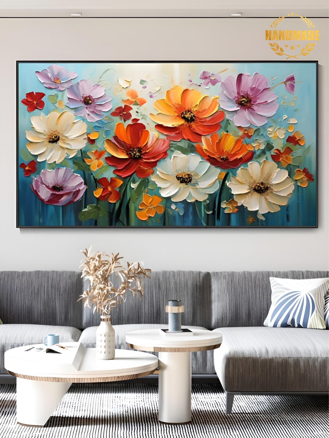 

THE HANDMADE FLAIR Blue & Orange Floral and Botanical Painting Wall Art