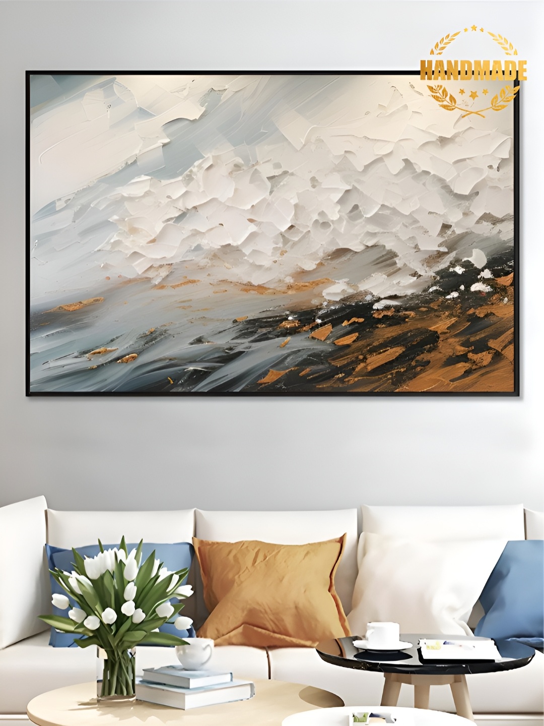 

THE HANDMADE FLAIR White & Brown Modern Sea Waves Painting Wall Art