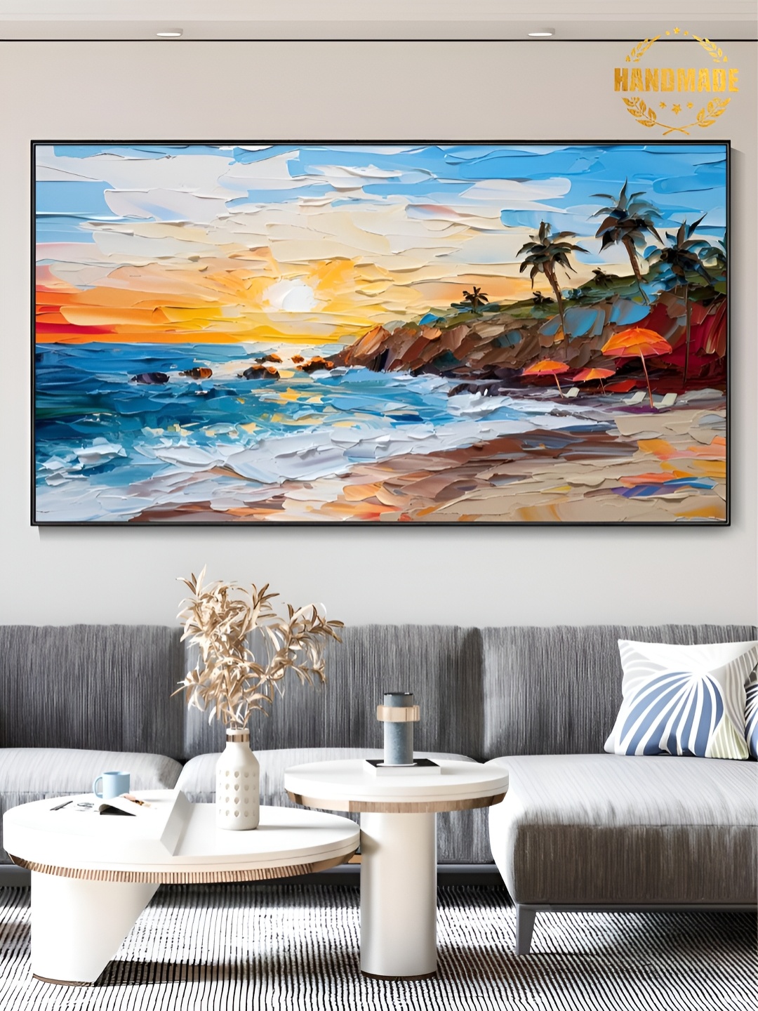 

THE HANDMADE FLAIR White & Blue Ocean Sunrise Painting Wall Art