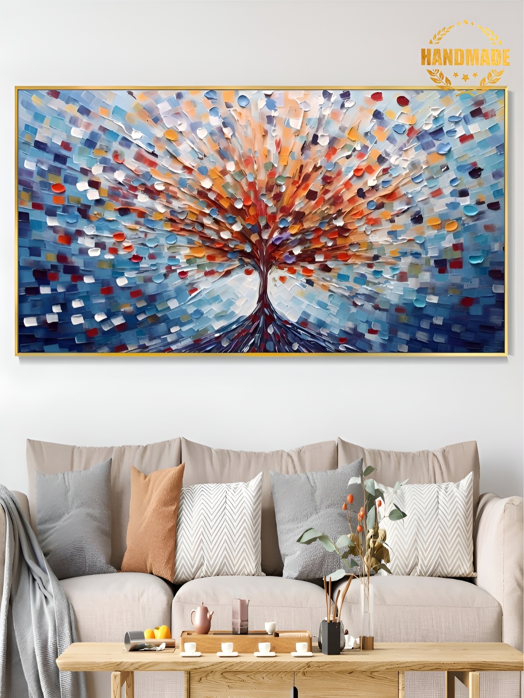 

THE HANDMADE FLAIR Blue & Orange Floral and Botanical Painting Wall Art