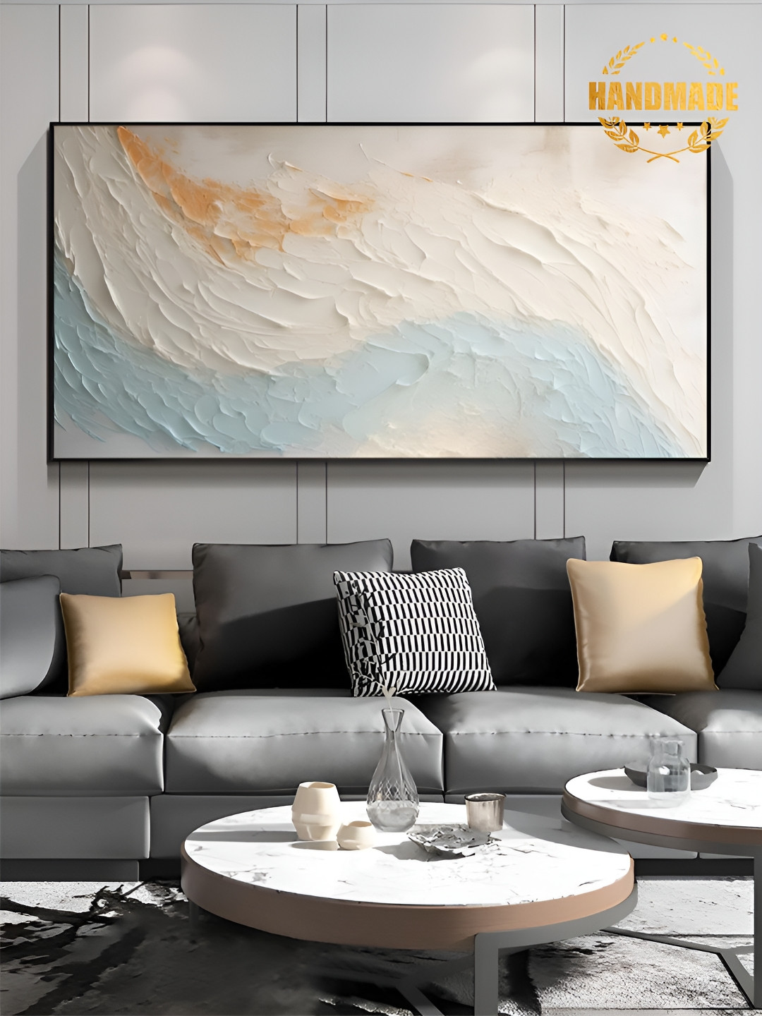 

THE HANDMADE FLAIR White & Blue Abstract Beach Painting Wall Art