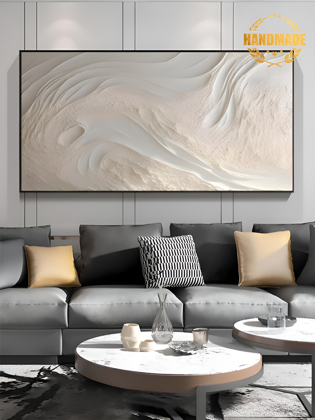 

THE HANDMADE FLAIR White & Beige Abstract Painting Wall Art