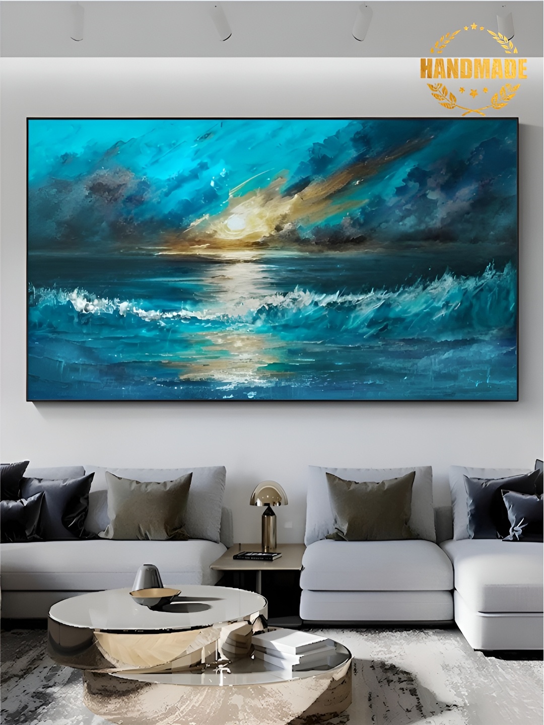 

THE HANDMADE FLAIR Blue & Brown Canvas Abstract Painting Wall Art