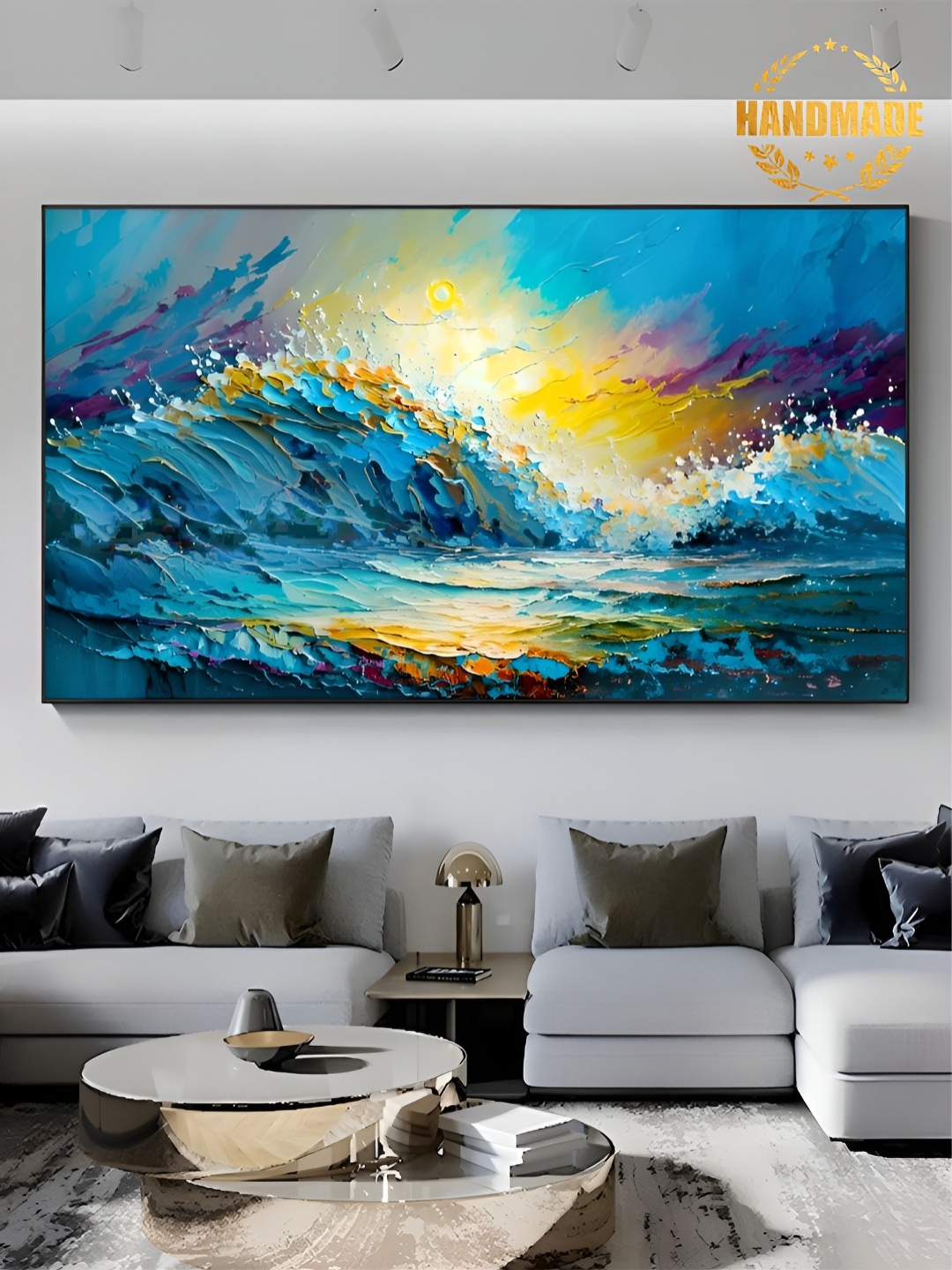 

THE HANDMADE FLAIR Blue & Yellow Wooden Abstract Painting Wall Art