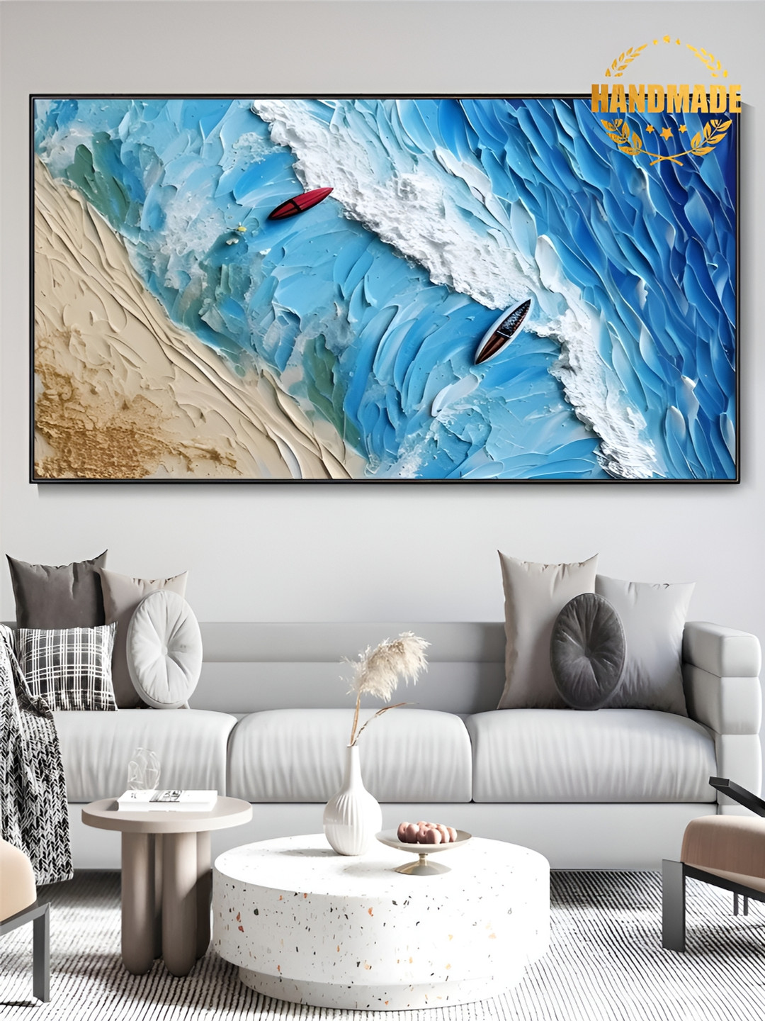 

THE HANDMADE FLAIR Blue & White Canvas Abstract Painting Wall Art