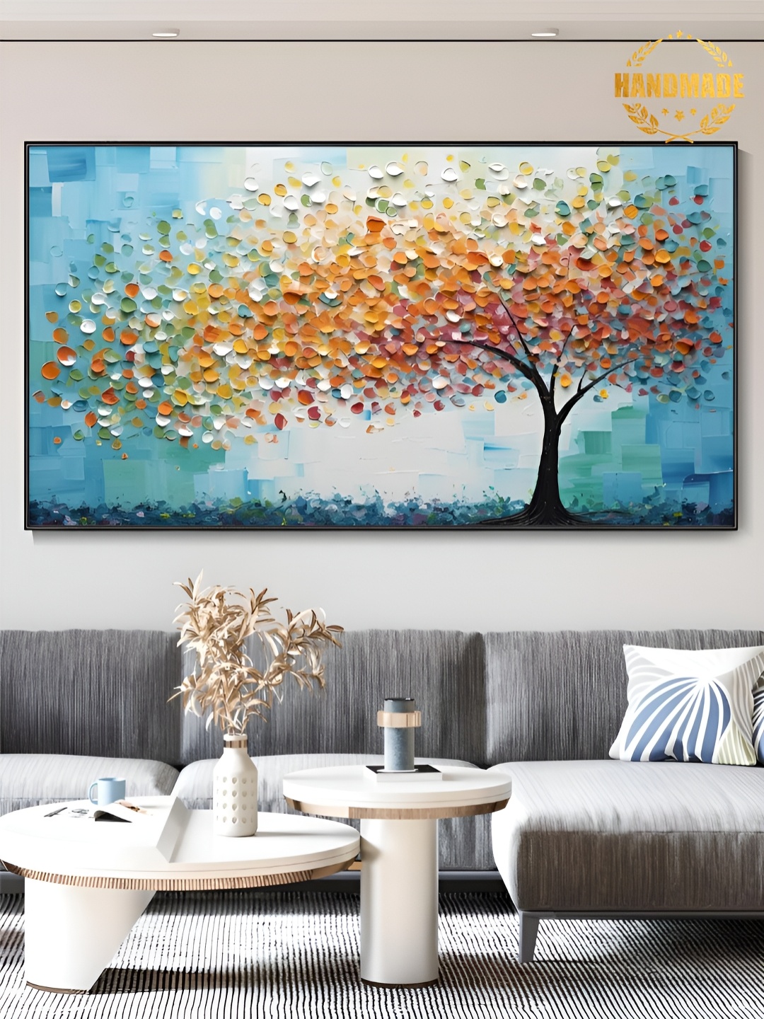 

THE HANDMADE FLAIR Blue & Yellow Wooden Floral and Botanical Painting Wall Art
