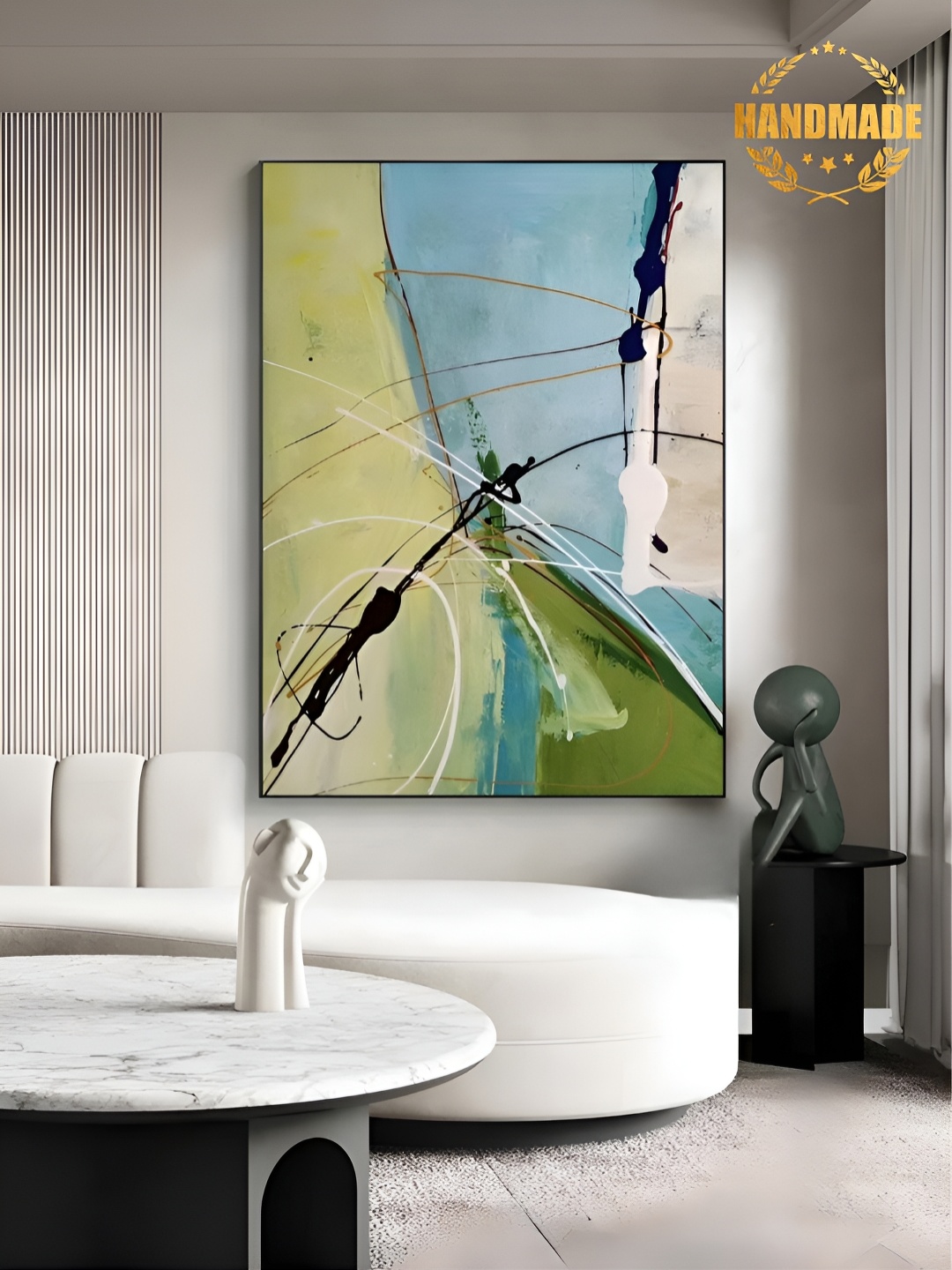 

THE HANDMADE FLAIR Green & Blue Abstract Painting Wall Art