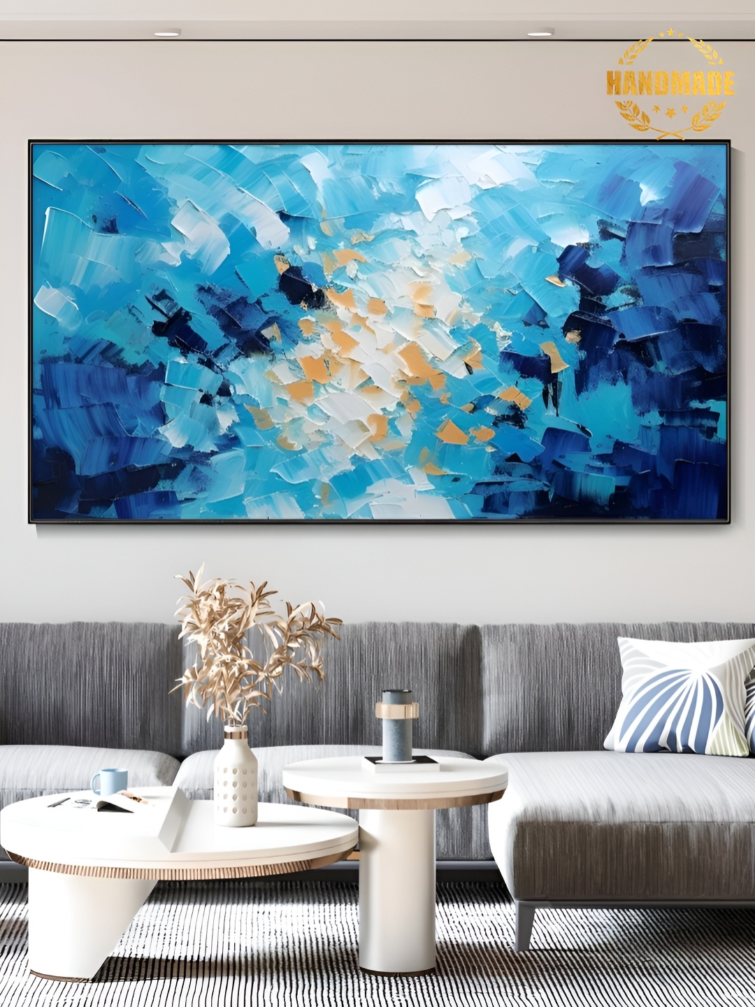 

THE HANDMADE FLAIR Blue & Brown Canvas Abstract Painting Wall Art