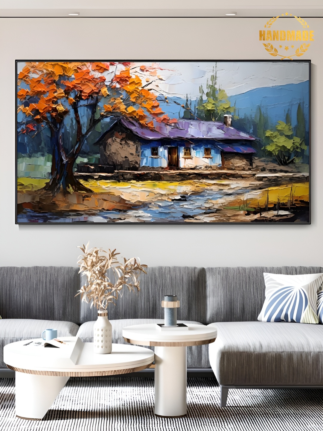

THE HANDMADE FLAIR Blue & Orange Canvas Floral and Botanical Painting Wall Art