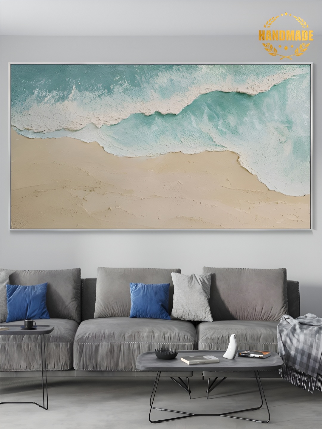 

THE HANDMADE FLAIR Blue & Beige Canvas Abstract Painting Wall Art