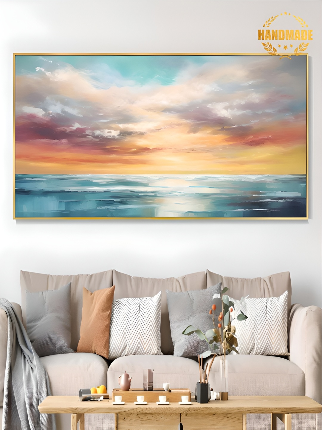 

THE HANDMADE FLAIR Blue & Orange Canvas Abstract Painting Wall Art