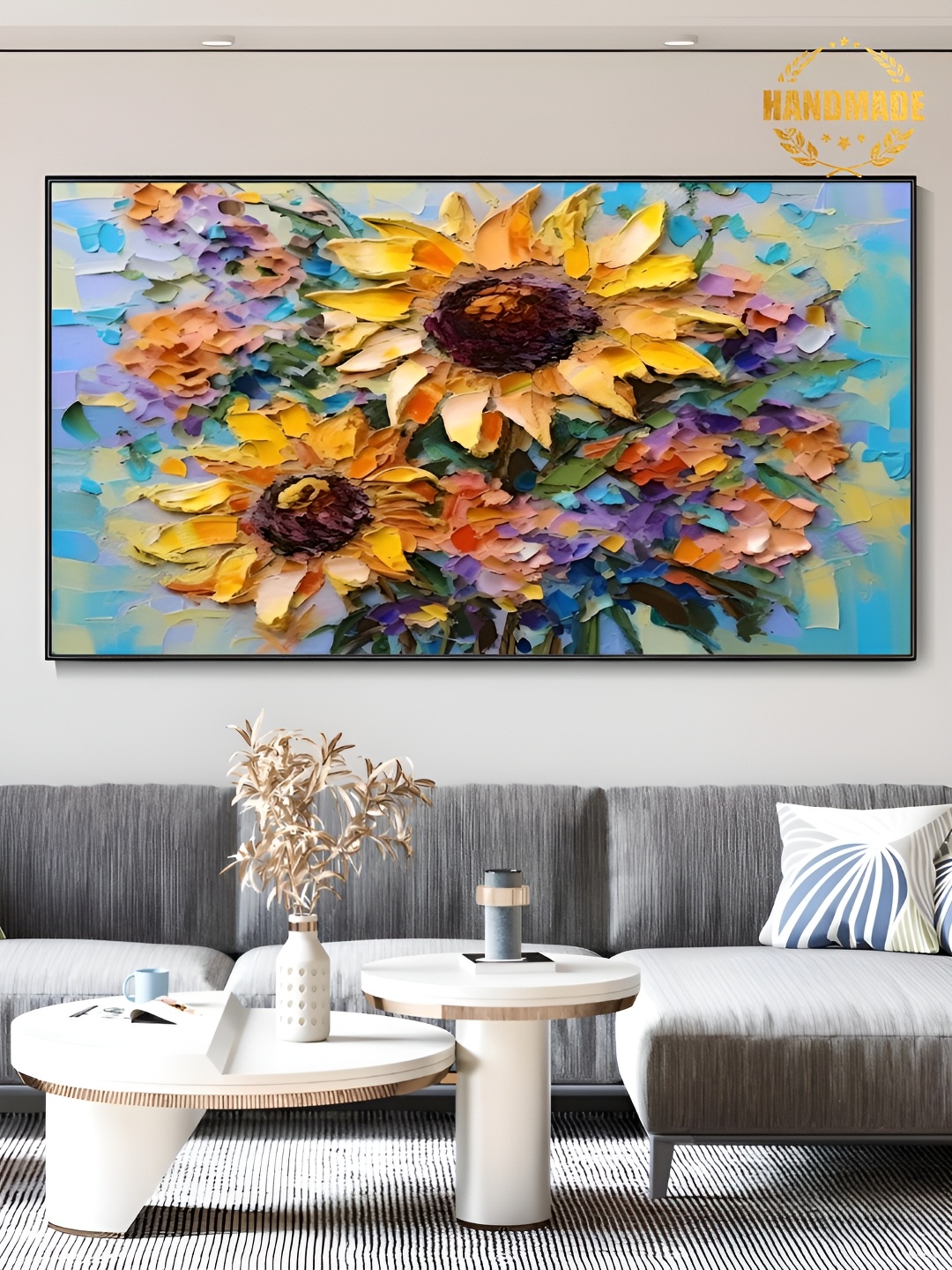 

THE HANDMADE FLAIR Yellow & Blue Floral and Botanical Hand Painted Wooden Wall Art