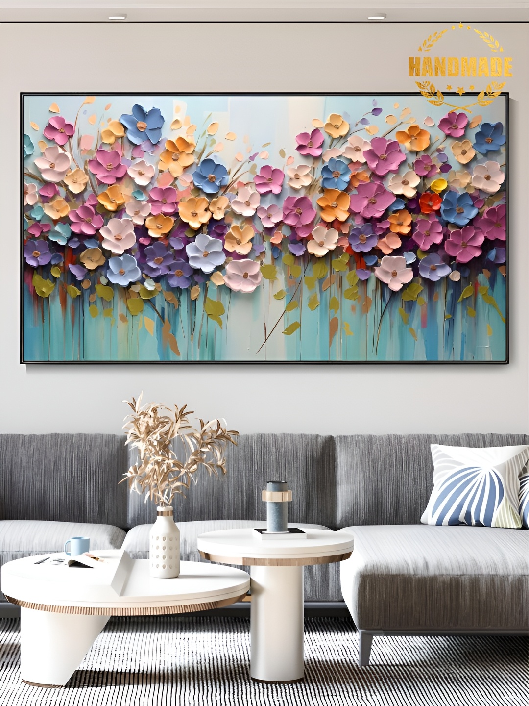 

THE HANDMADE FLAIR Blue & Pink Wooden Floral and Botanical Painting Wall Art