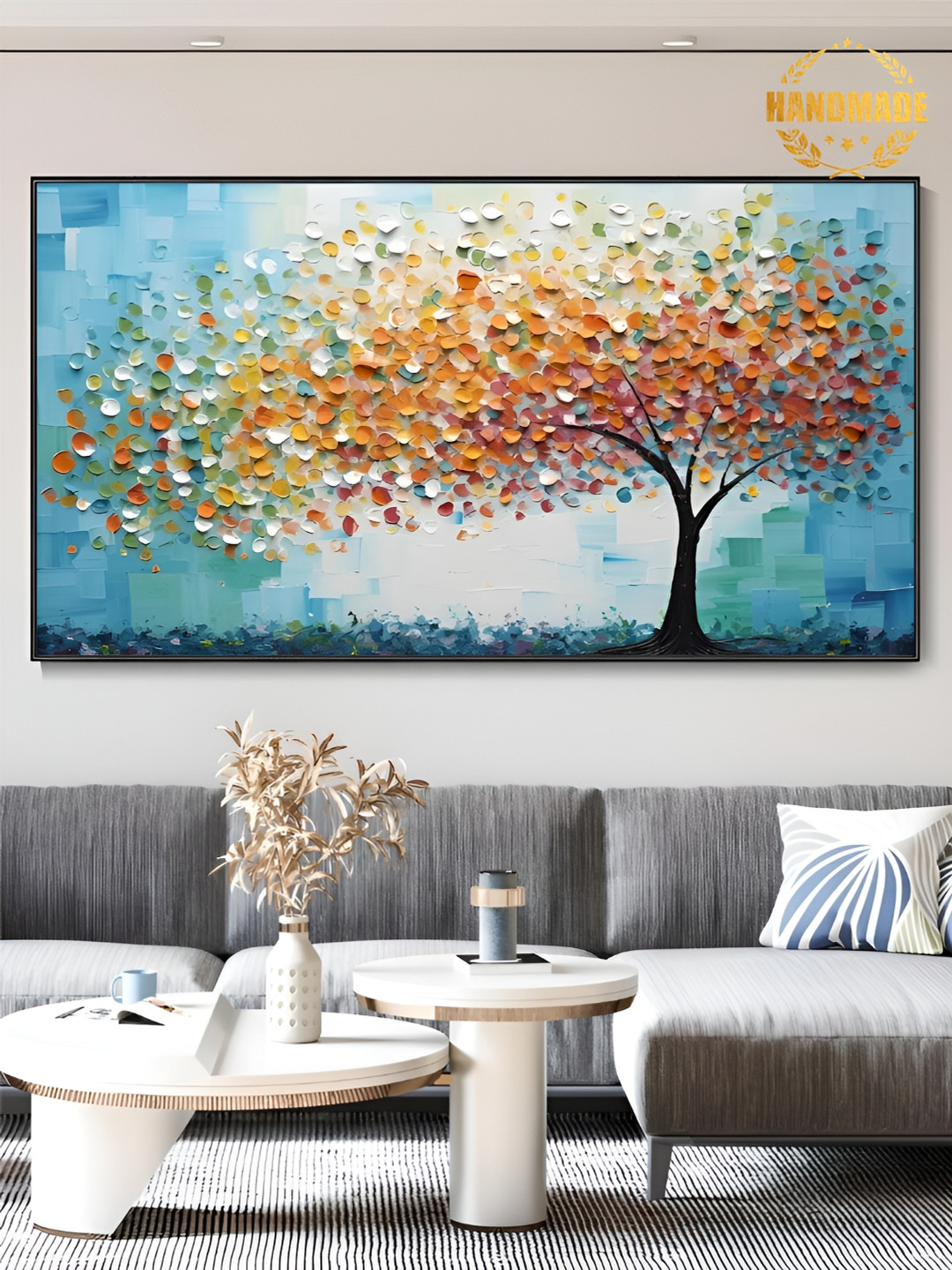 

THE HANDMADE FLAIR Blue & White Canvas Painting Wall Art