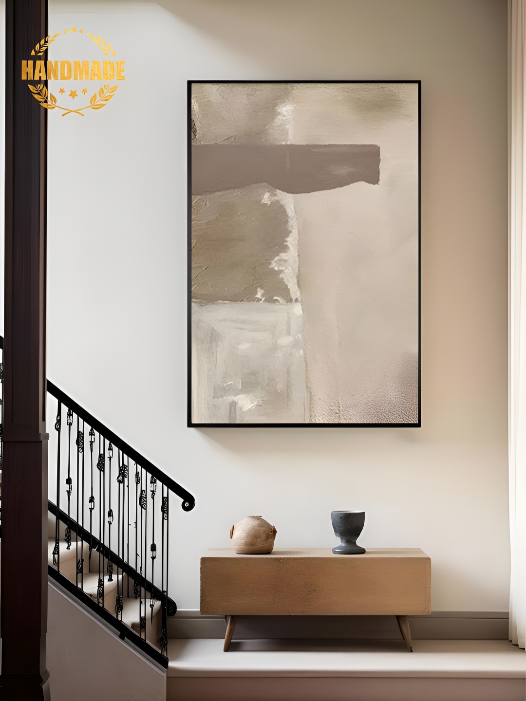 

THE HANDMADE FLAIR Cream-Coloured & Grey Abstract Wooden Painting Wall Art