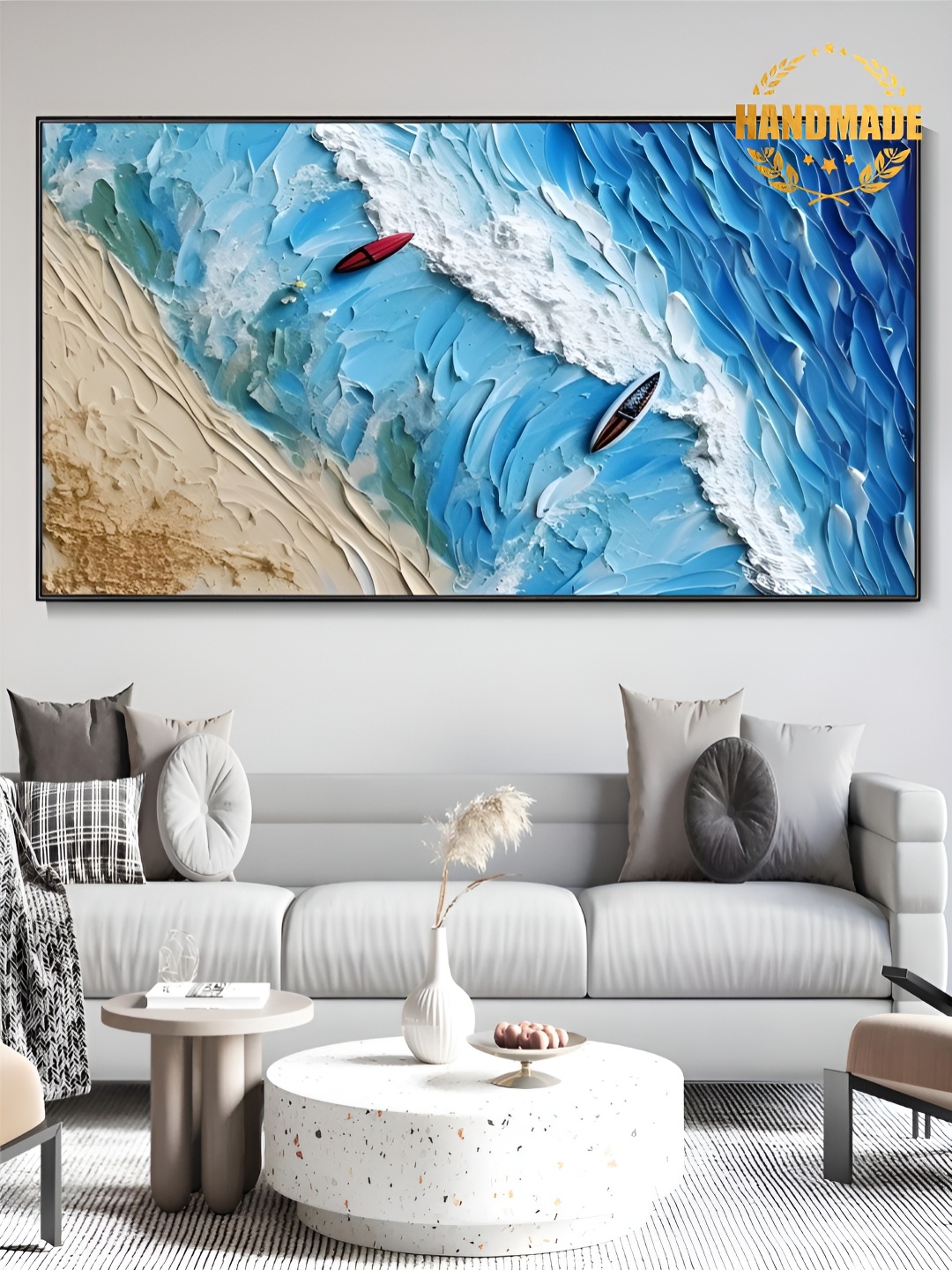 

THE HANDMADE FLAIR Blue & White Wooden Painting Wall Art