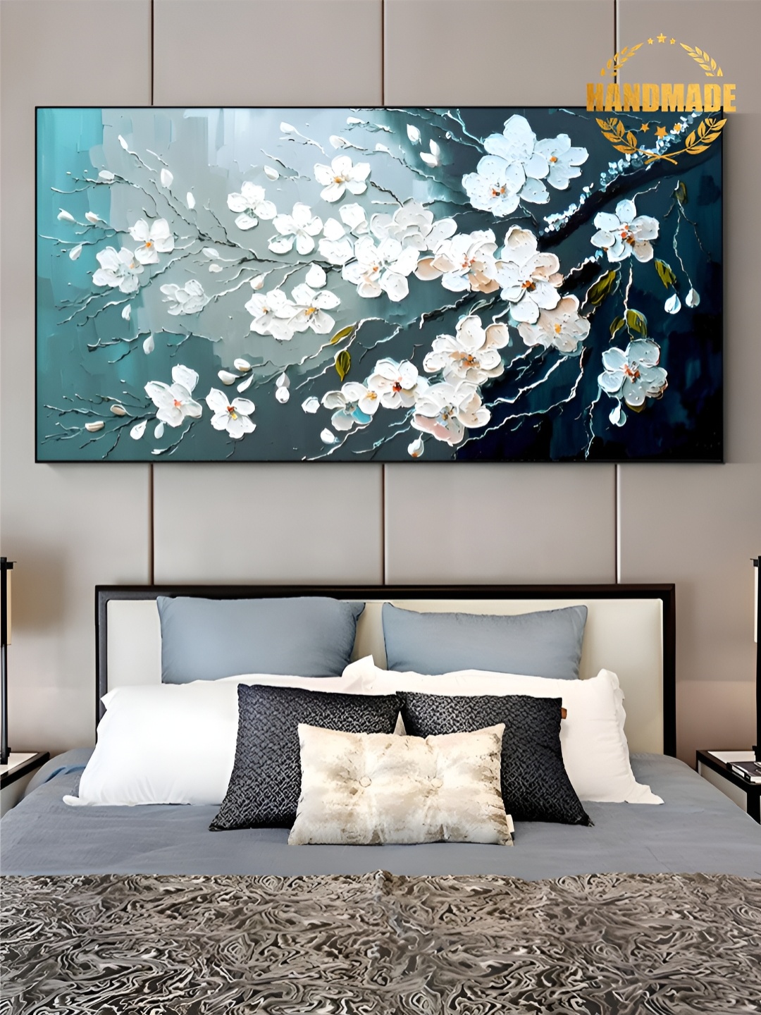 

THE HANDMADE FLAIR Blue & White Wooden Floral and Botanical Painting Wall Art