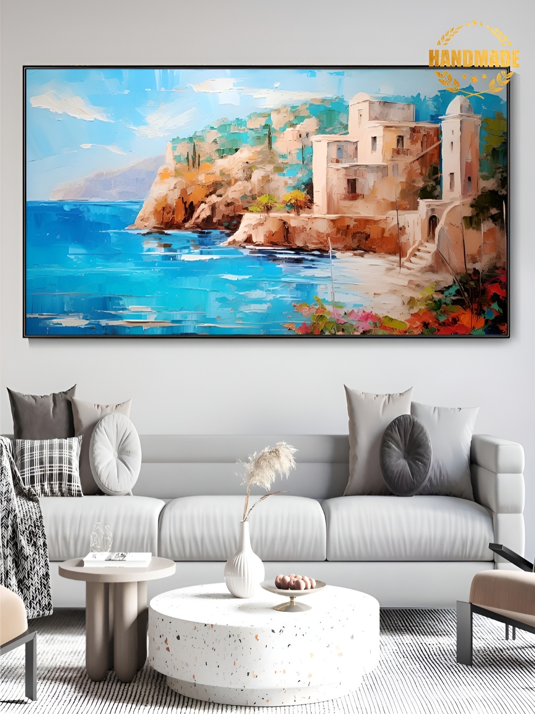 

THE HANDMADE FLAIR Blue & Beige Canvas Painting Wall Art