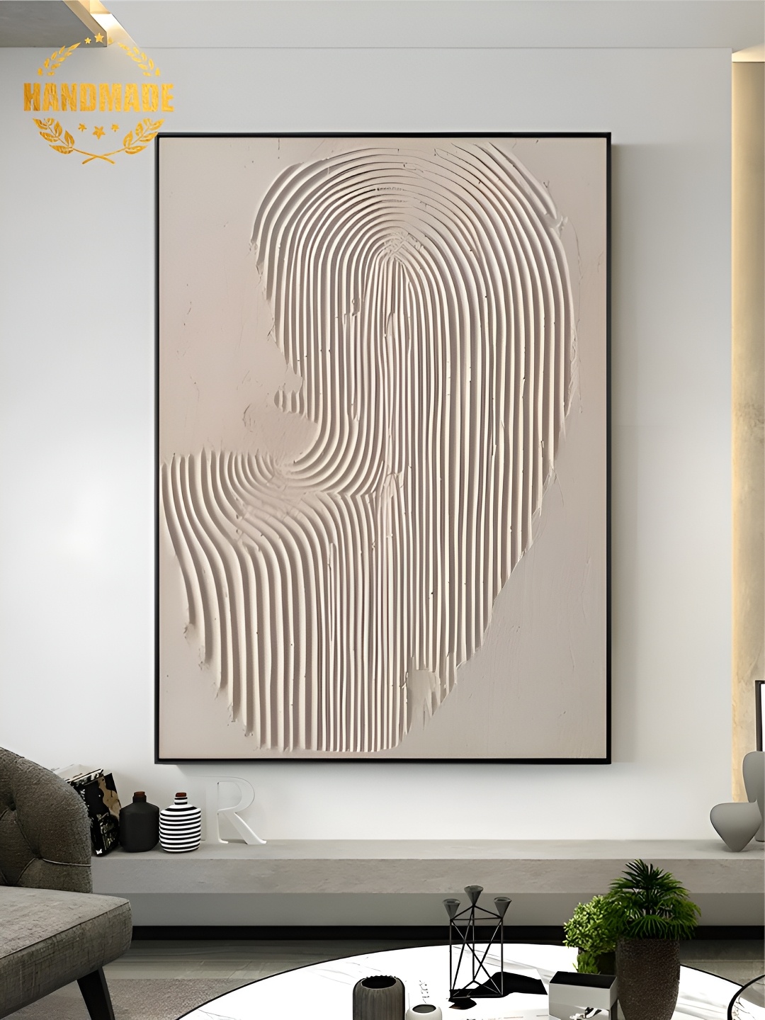 

THE HANDMADE FLAIR Cream-Coloured Wooden Abstract Painting Wall Art
