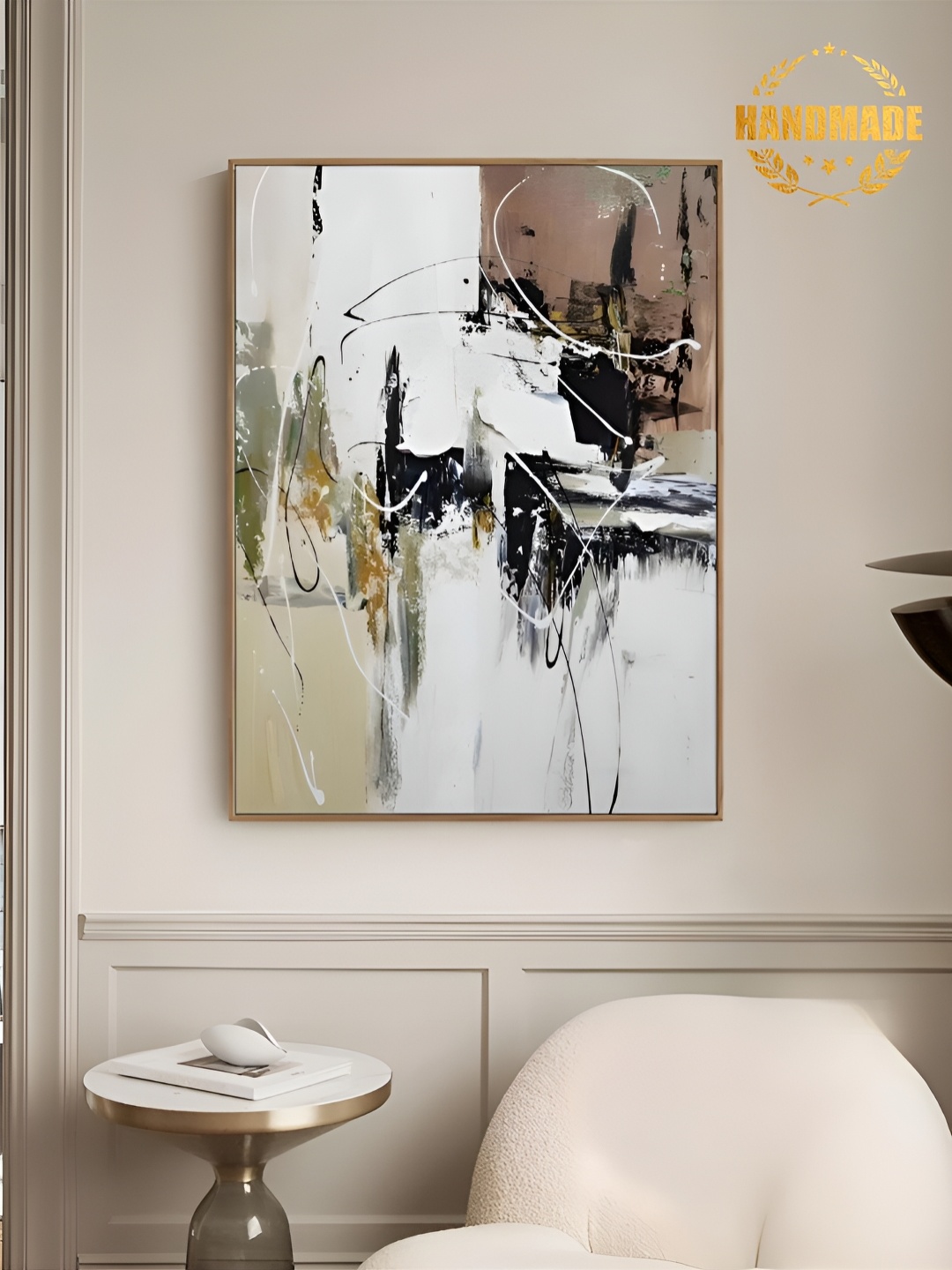 

THE HANDMADE FLAIR White & Brown Canvas Abstract Painting Wall Art