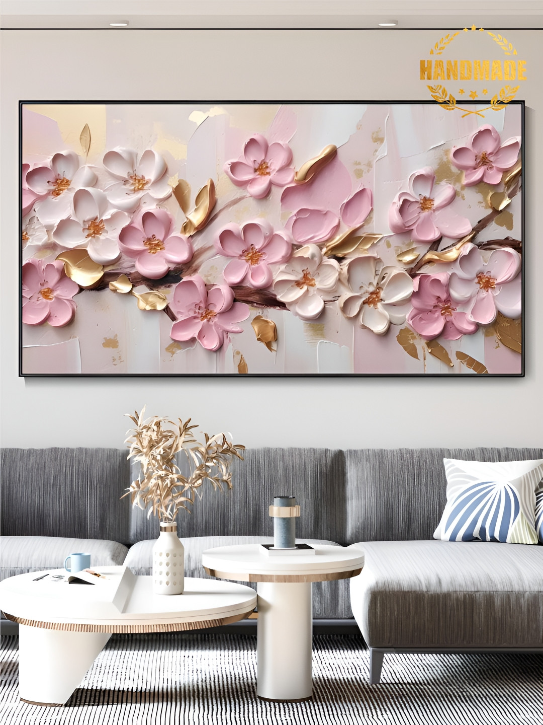 

THE HANDMADE FLAIR Pink & White Floral and Botanical Wooden Painting Wall Art