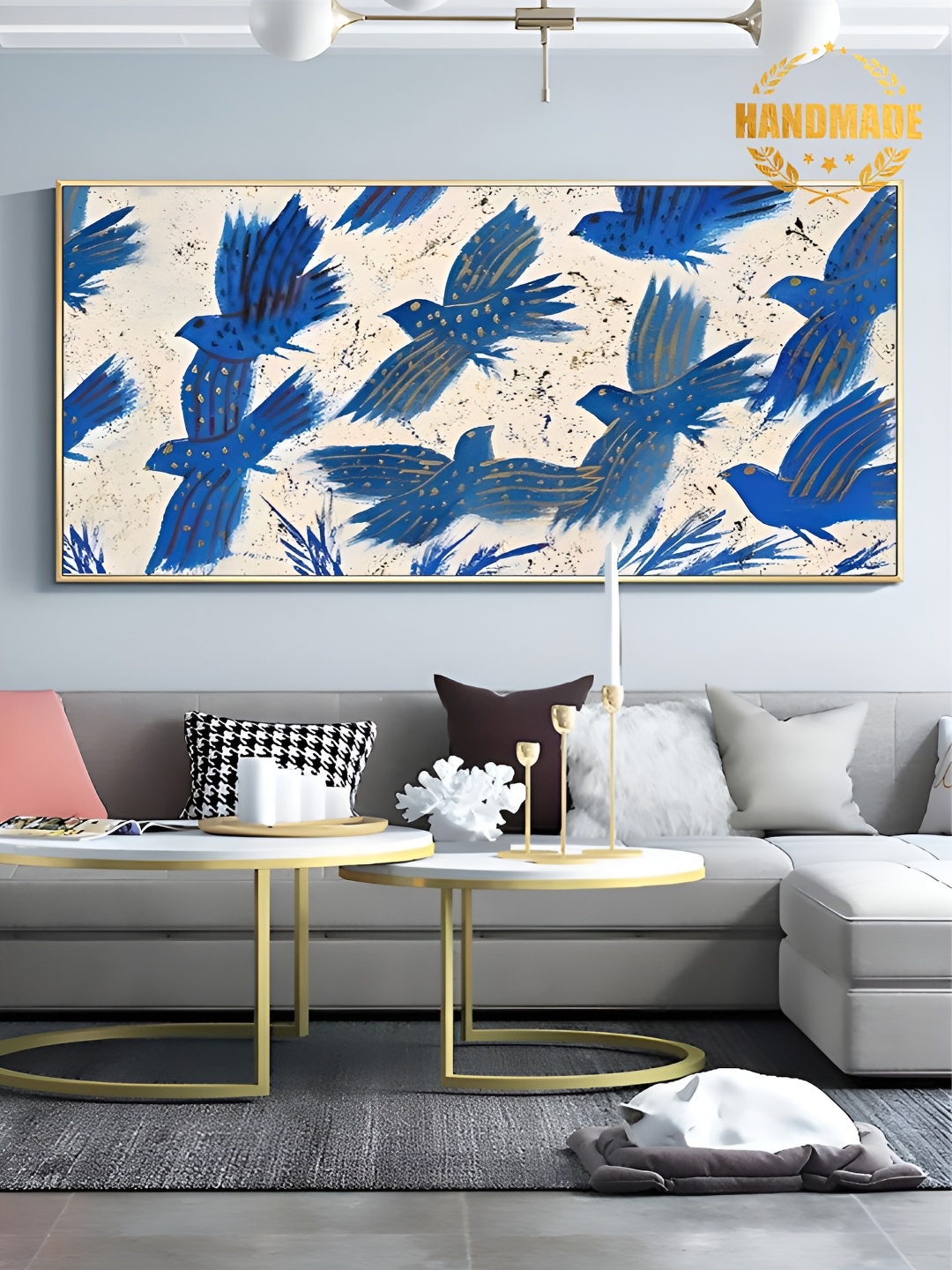 

THE HANDMADE FLAIR Blue & Beige Wooden Painting Wall Art