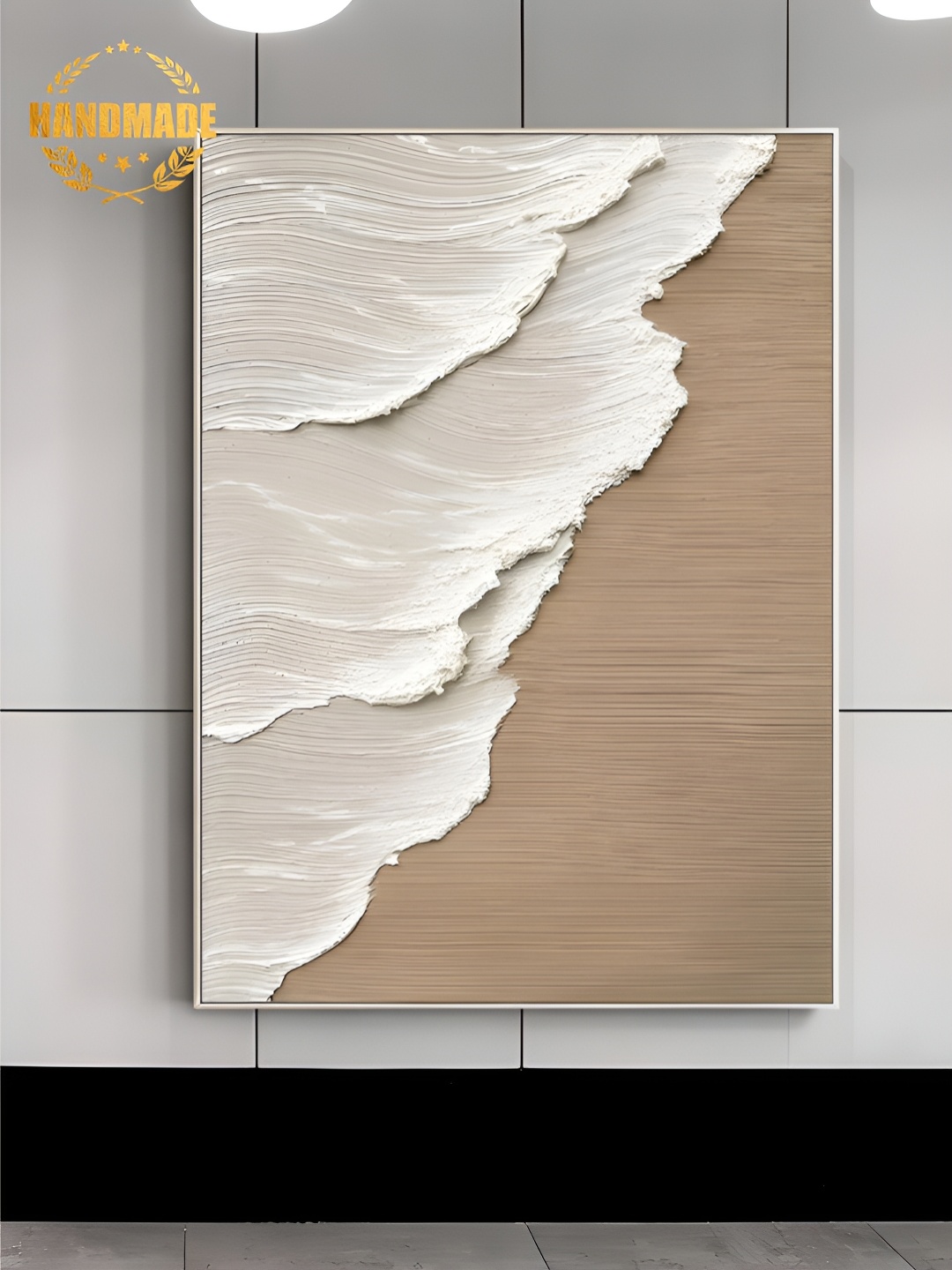 

THE HANDMADE FLAIR Beige & White Ocean Wave Wooden Painting Wall Art