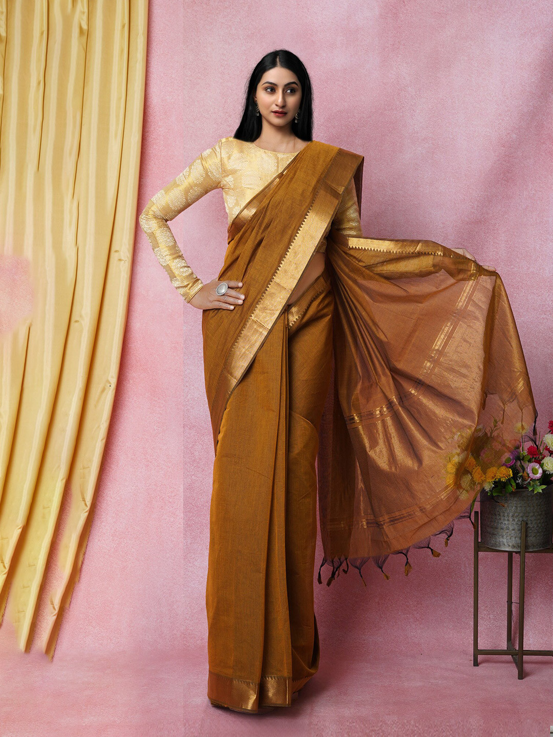 

Unnati Silks Pure Cotton Handloom Mangalagiri Saree, Brown