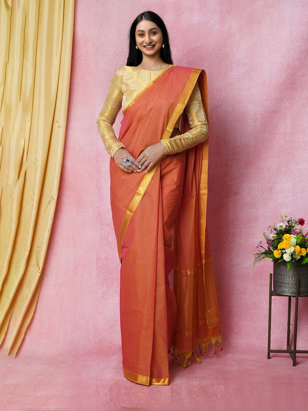 

Unnati Silks Zari Pure Cotton Handloom Mangalagiri Saree, Orange
