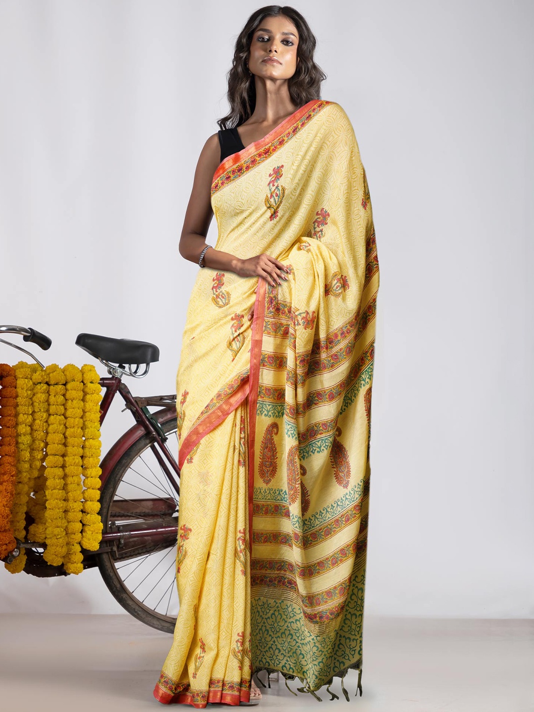 

Unnati Silks Pure Pashmina Block Printed Zari Handloom Chanderi Saree, Yellow