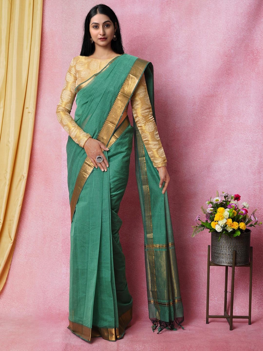 

Unnati Silks Woven Design Zari Pure Cotton Handloom Mangalagiri Saree, Green