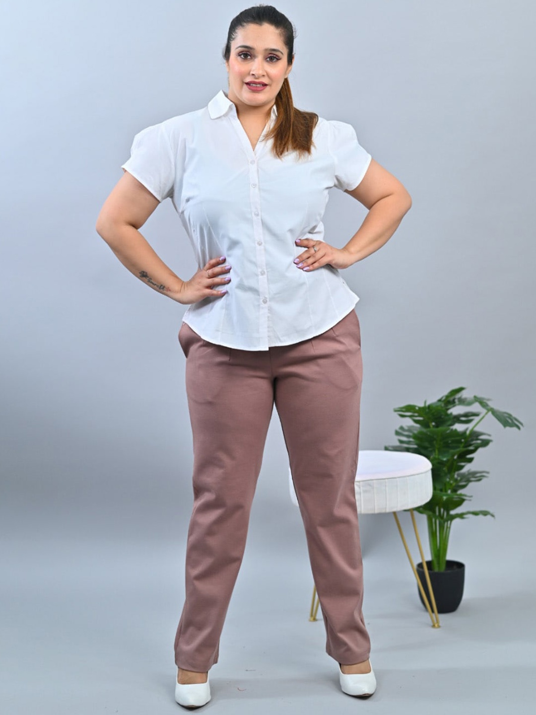 

Mlada Straight Fit Mid-High Waist Plus Size Cigarette Pencil Pant, Taupe
