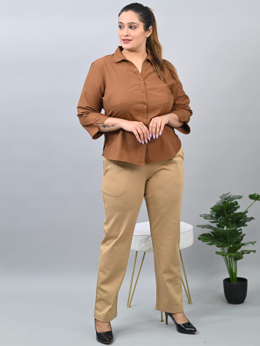 

Mlada Straight Fit Mid-High Waist Plus Size Cigarette Pencil Pant, Beige