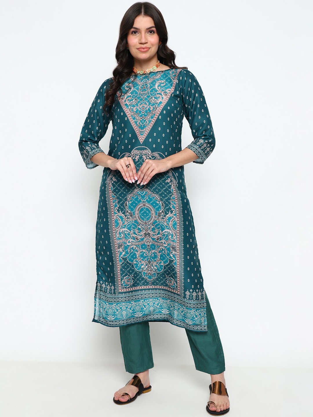 

KALINI Ethnic Motifs Printed Kurta with Trousers, Teal