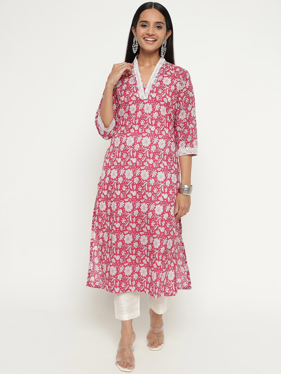 

KALINI Women Floral Printed V-Neck Regular Pure Cotton Kurta With Trousers, Magenta