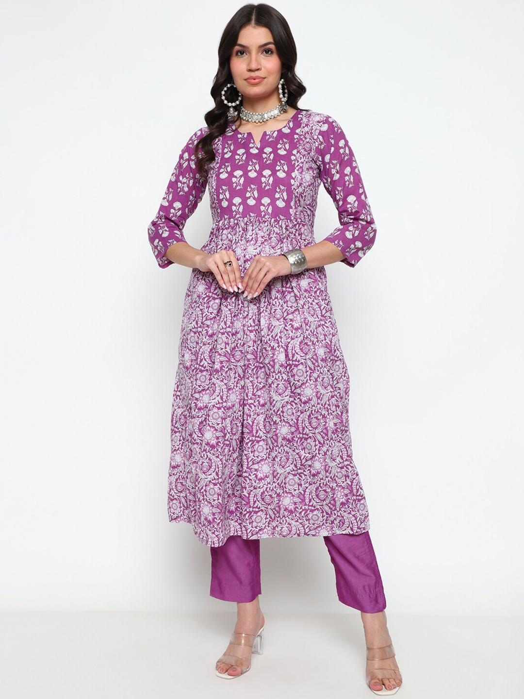

KALINI Floral Printed Round Neck Three-Quarter Sleeves Pure Cotton Kurta Set, Violet