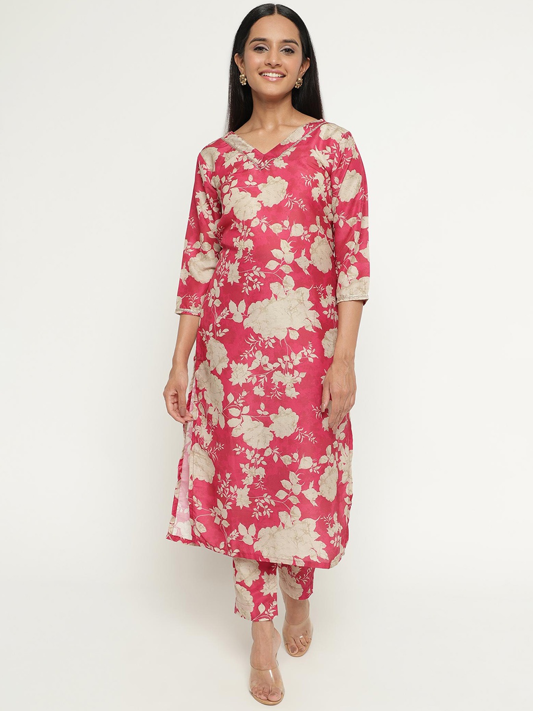 

KALINI Floral Printed Regular Kurta with Trousers, Pink