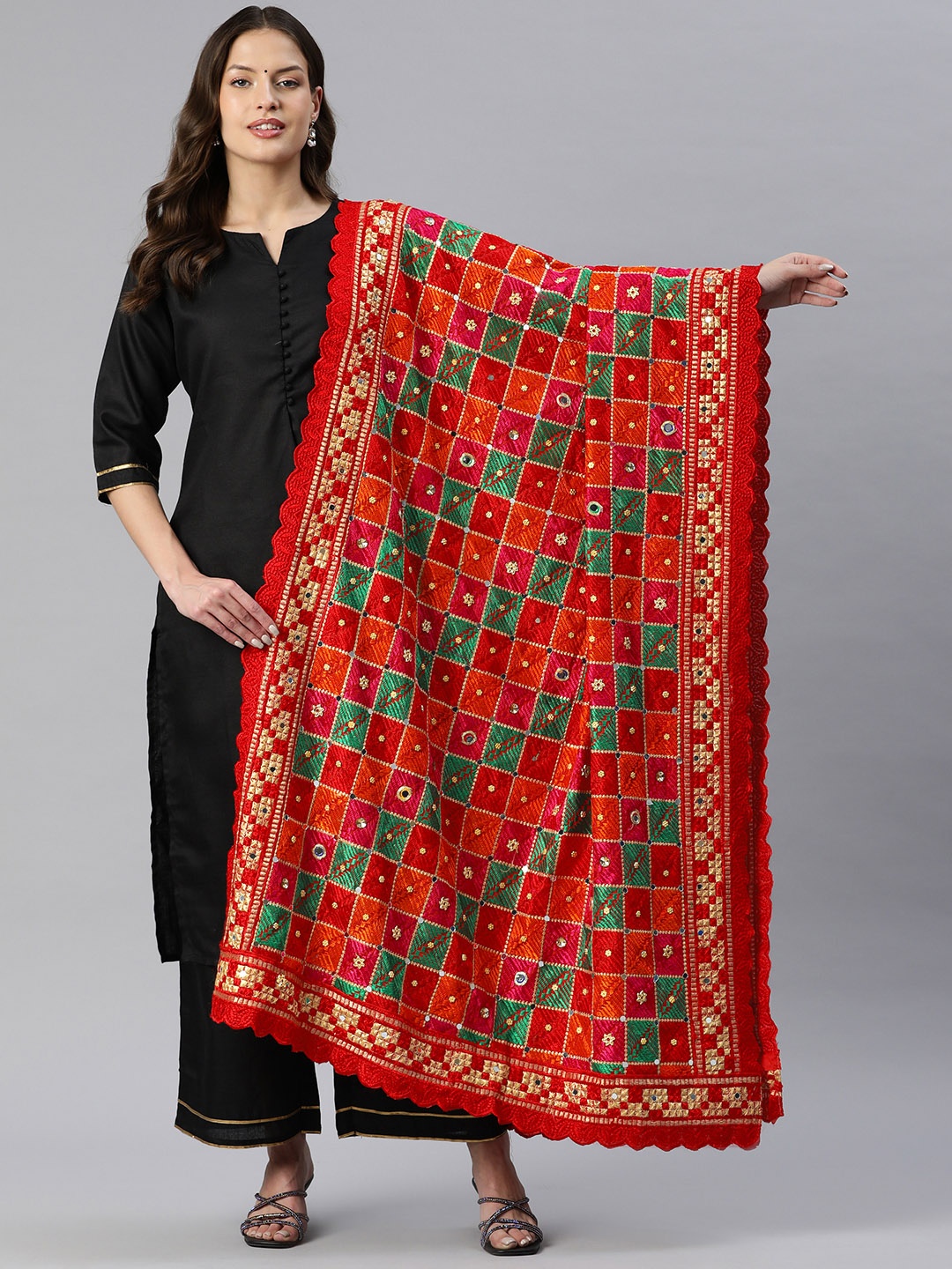 

SWI Stylish Embroidered Phulkari Dupatta with Mirror Work, Red