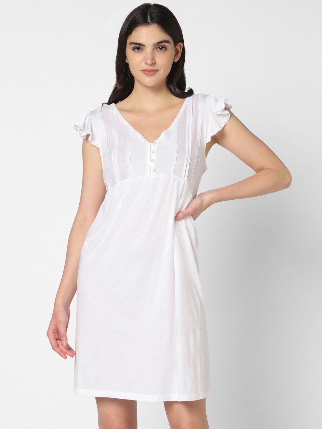

Mystere Paris V-Neck Flared Sleeves Pure Cotton Nightdress, White