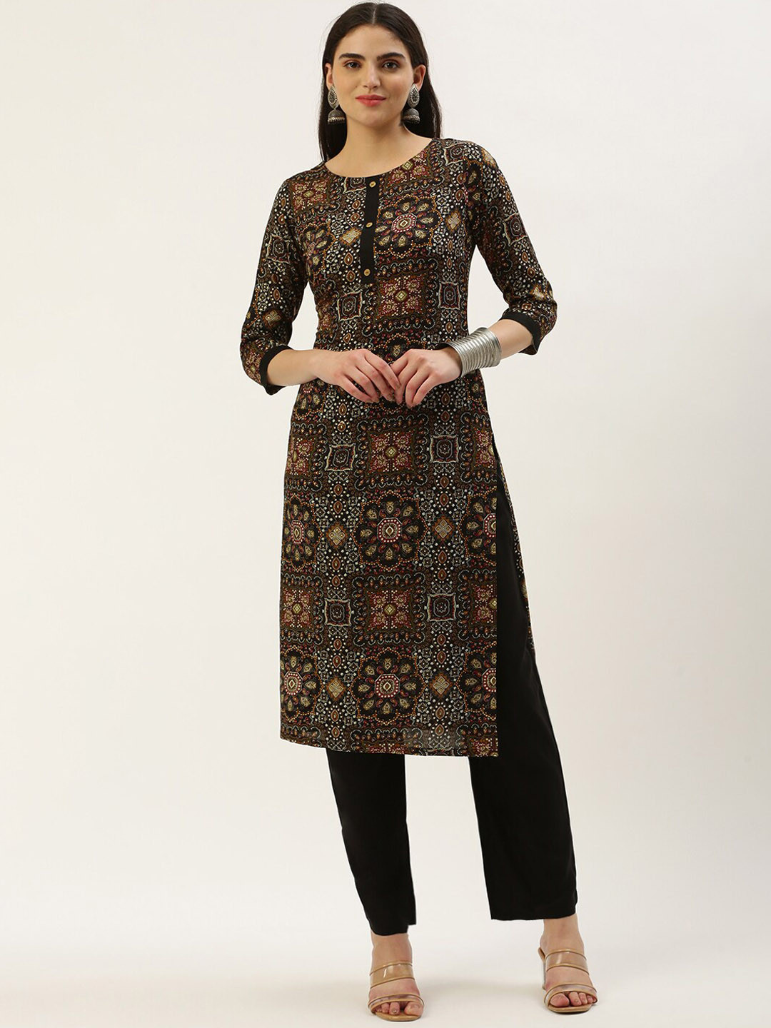 

Saanjh Black Ethnic Printed Regular Straight Kurta with Trousers & Dupatta