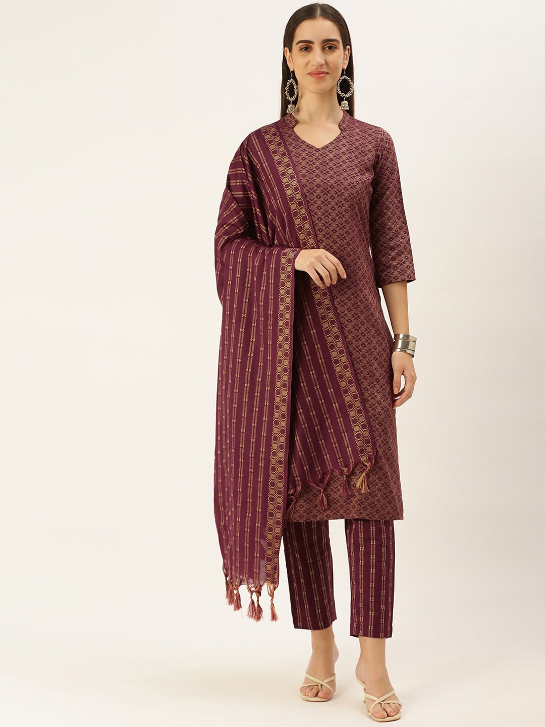 

Saanjh Maroon Ethnic Woven Design Regular Kurta with Trousers & Dupatta