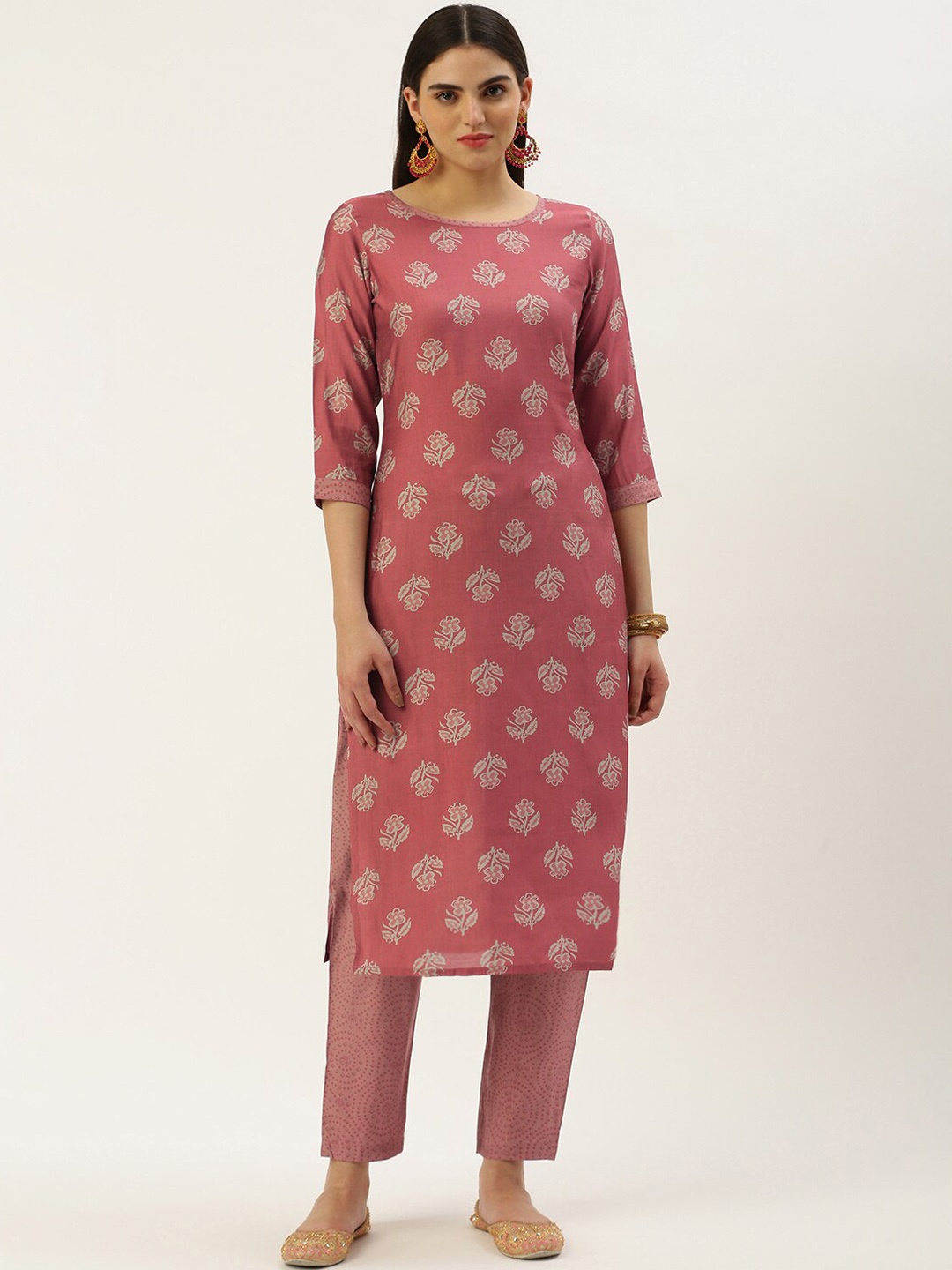 

Saanjh Pink Floral Printed Straight Kurta with Trousers