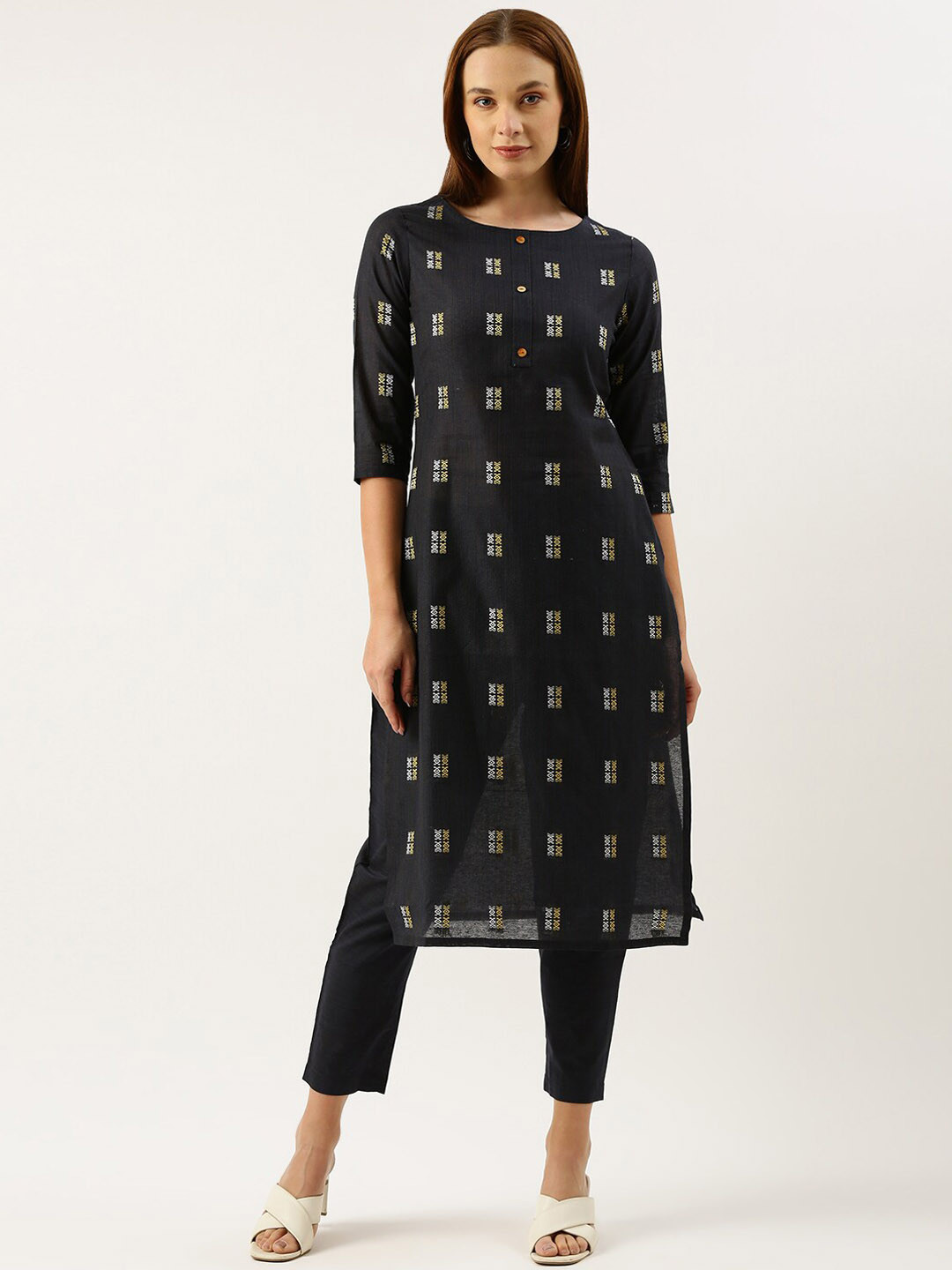 

Saanjh Navy Blue Ethnic Woven Design Regular Straight Kurta with Trousers